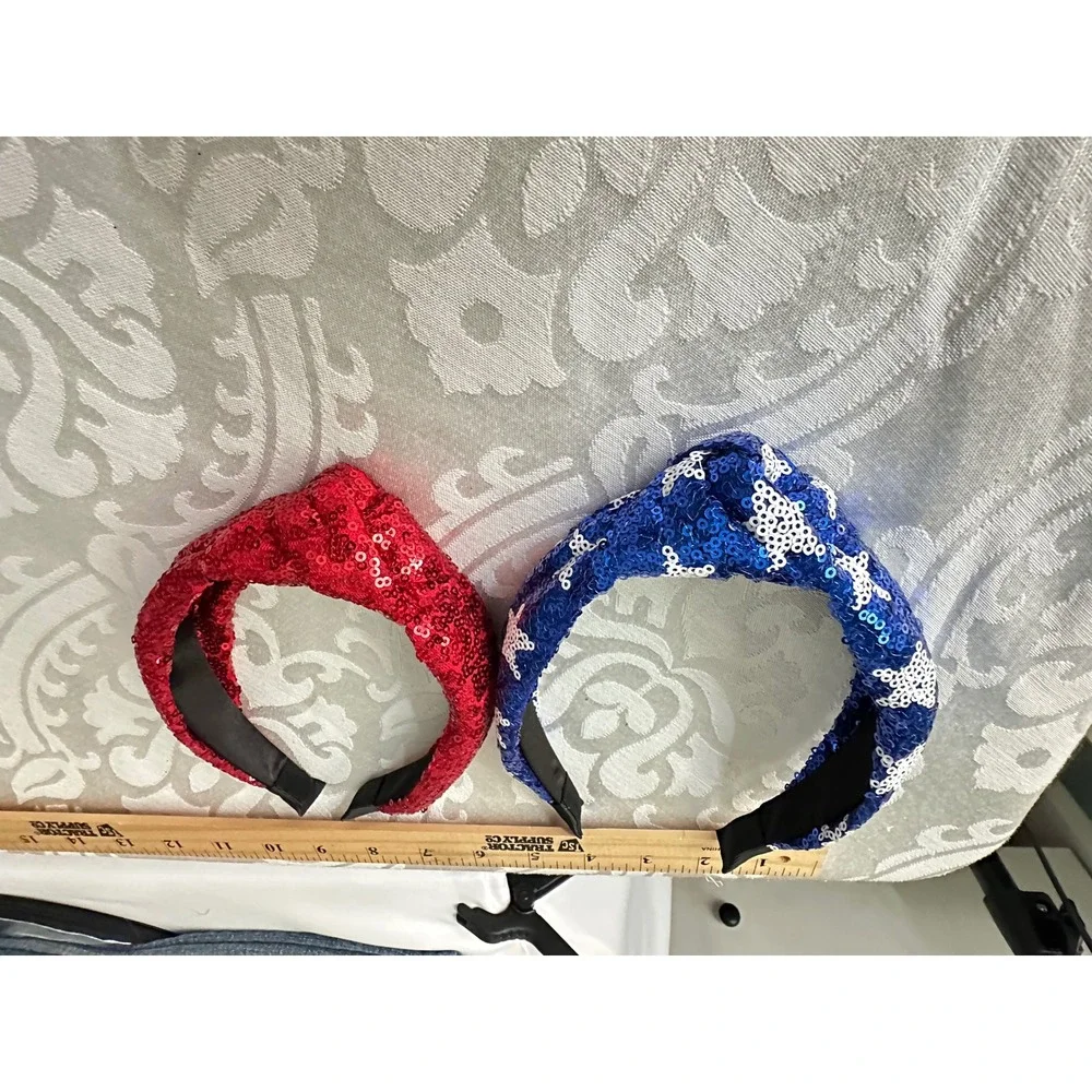 Kids Sequin Knot Headbands Red Blue Star Patriotic‎ Headwear Set